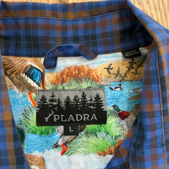 Pladra Blue Brown Plaid Shirt Men's Large Stretch Cotton Outdoor Button Up - Picture 3 of 6